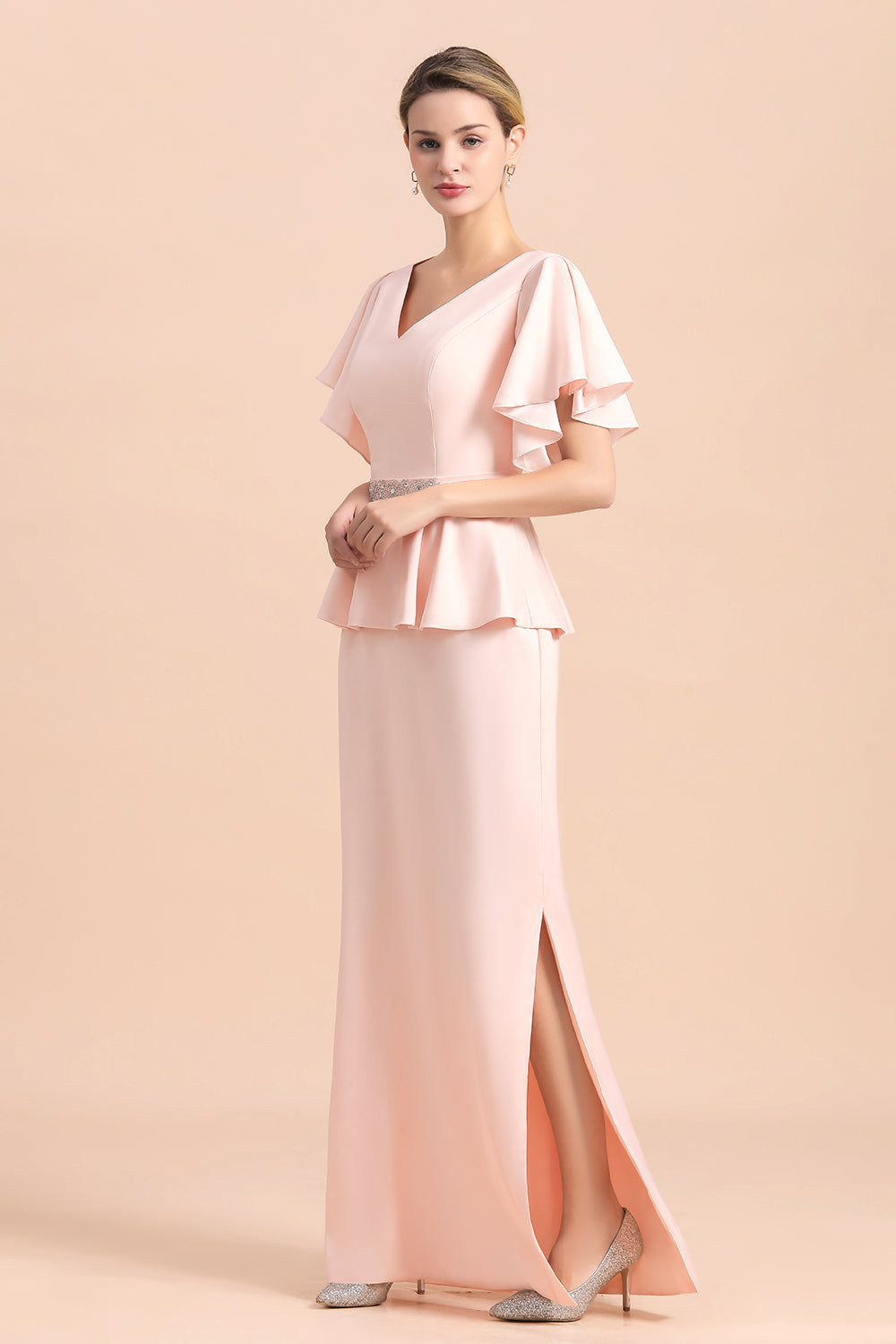 BMbridal Glamorous V-Neck Front Slit Mother of Bride Dresses with Beadings Sash