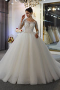 Bateau Neckline Floor Length Long Sleeves Wedding Dress With Lace Appliques