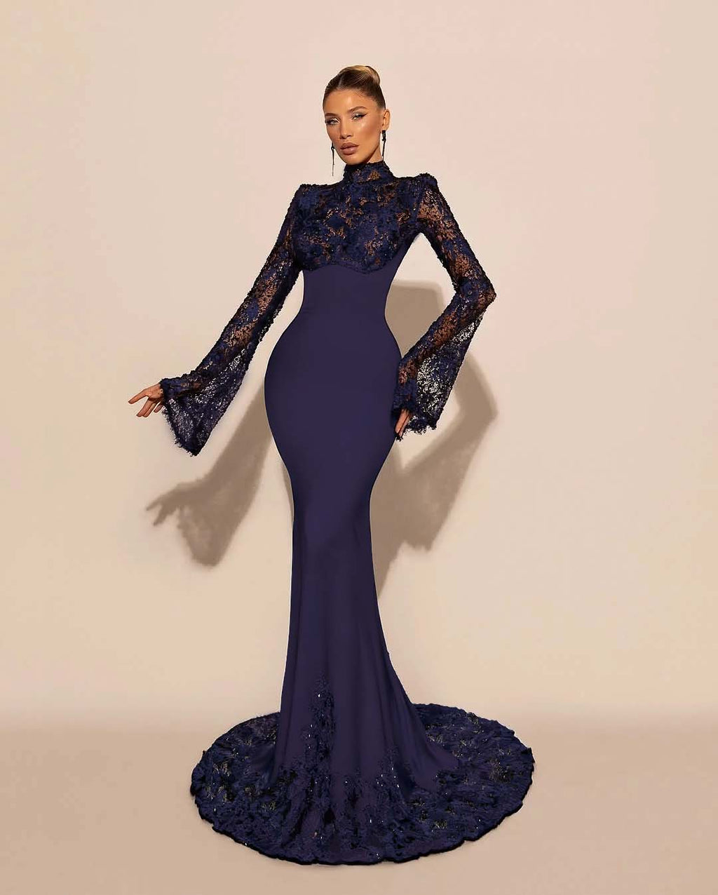 Custom High Neck Lace Mermaid Prom Dress With Pleated Long Sleeves