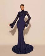 Custom High Neck Lace Mermaid Prom Dress With Pleated Long Sleeves