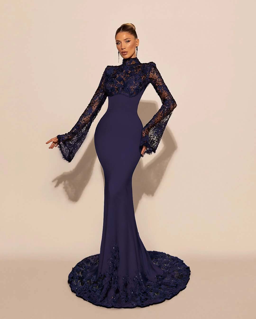 Custom High Neck Lace Mermaid Prom Dress With Pleated Long Sleeves