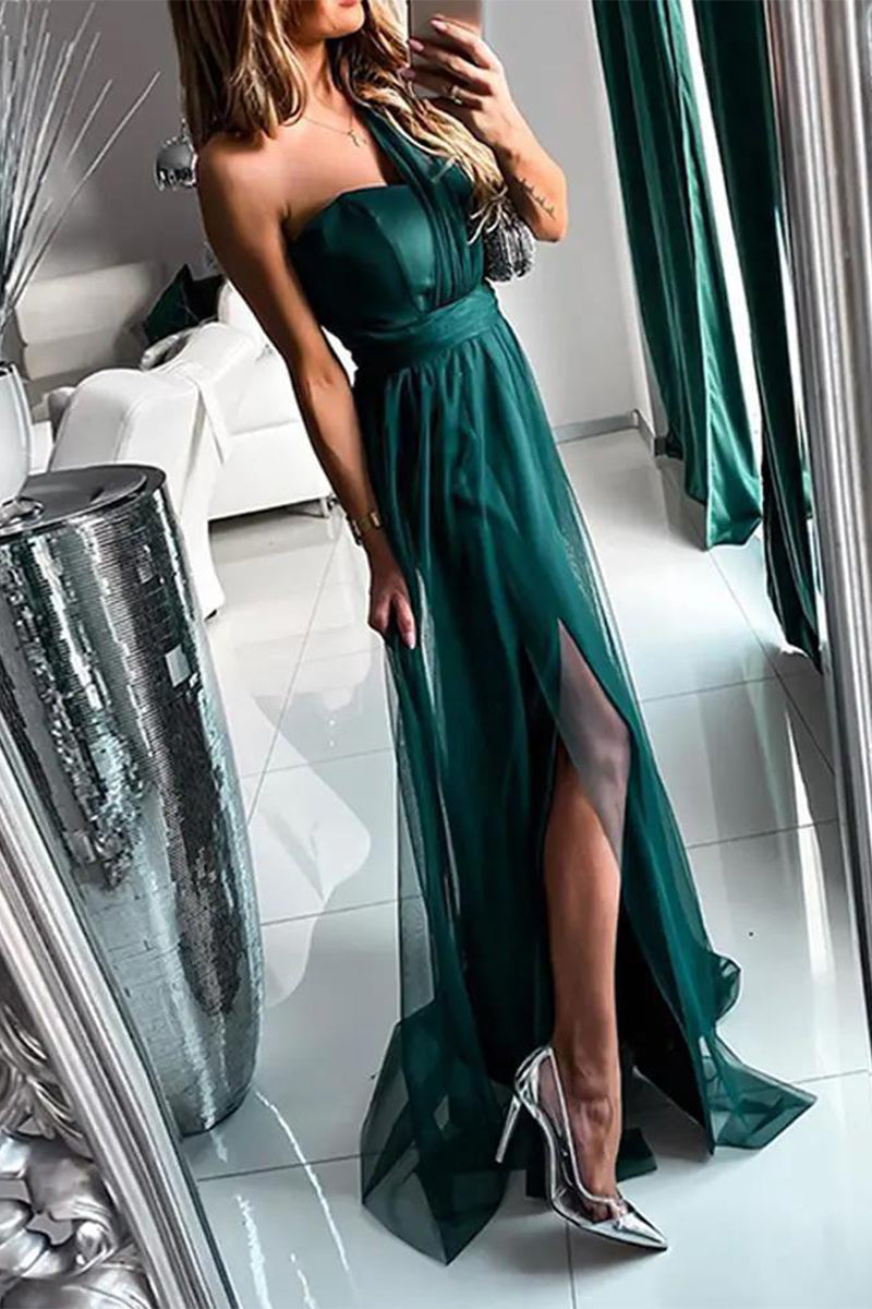 Vestidos de Noite Sexy para Baile de Finalistas com Abertura e Transparências em Tule e Ombro Descaído