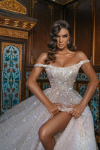 Chic Off The Shoulder Long Sequins Wedding Dress With Slit