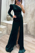 Robe longue mystérieuse en velours Lady, une épaule dénudée, garniture de paillettes, ruchée, avec fente