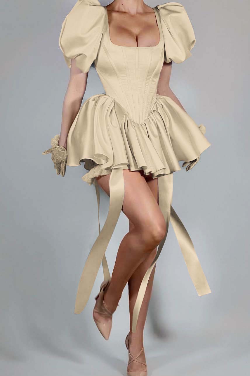 Bubble Sleeves Square Neck Short Prom Dress With Ruffles Pleated