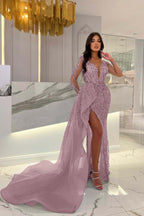 Shiny Blue Split Long Sleeves Mermaid Beaded Prom Dress With Appliques Tulle