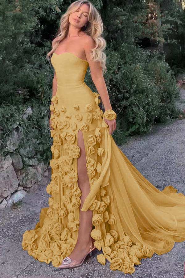 Strapless Long Mermaid Prom Dress With Split Appliques Custom Colors And Sizes