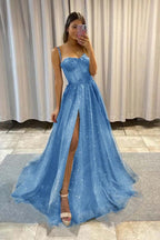 Sequined Spaghetti Strap Sleeveless Long Split Prom Dress