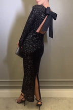 Abito da sera con scollo a O, fiocco e paillettes lisce e sensuali
