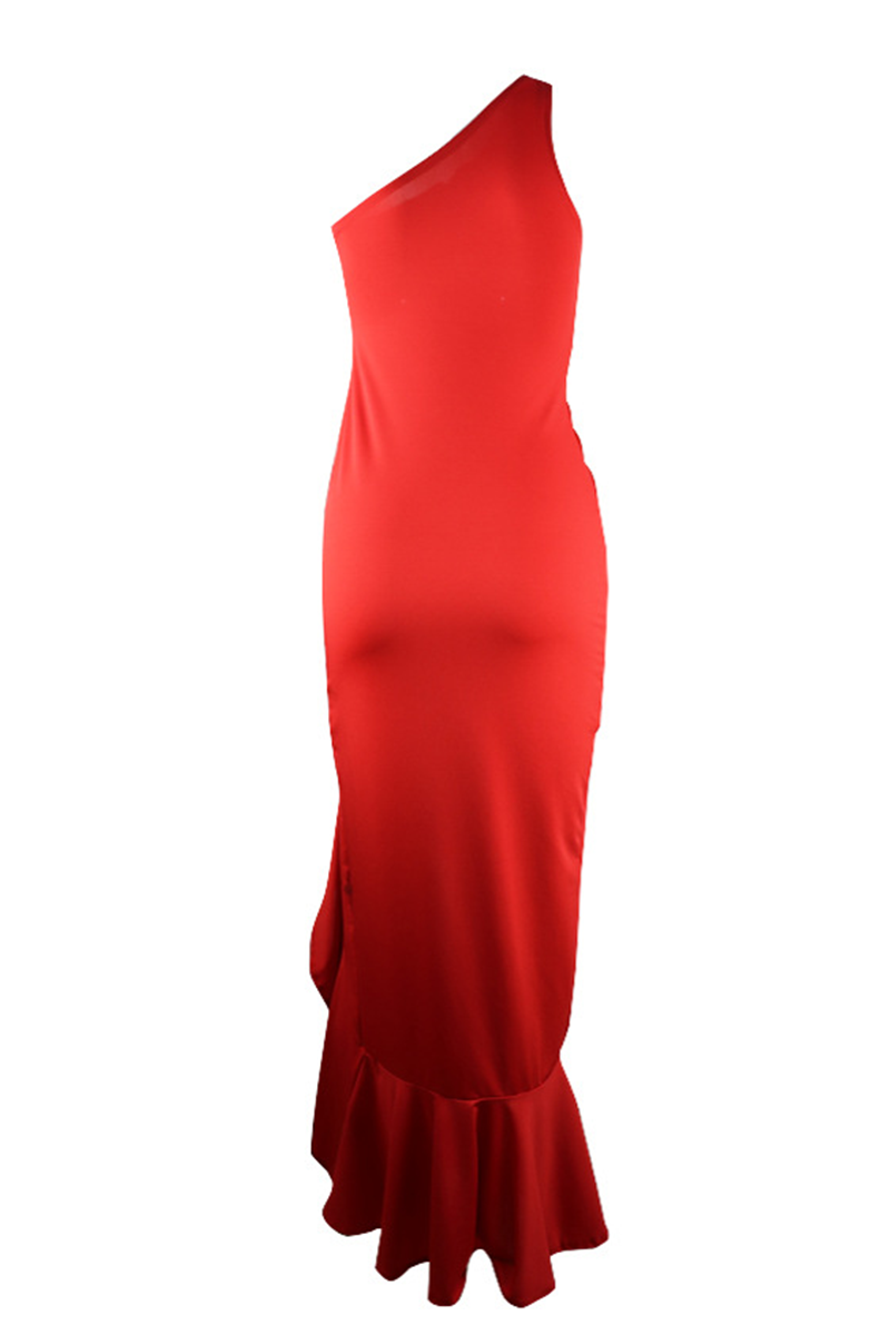 Robe de soirée élégante à une épaule avec fente et volants solides (8 couleurs)