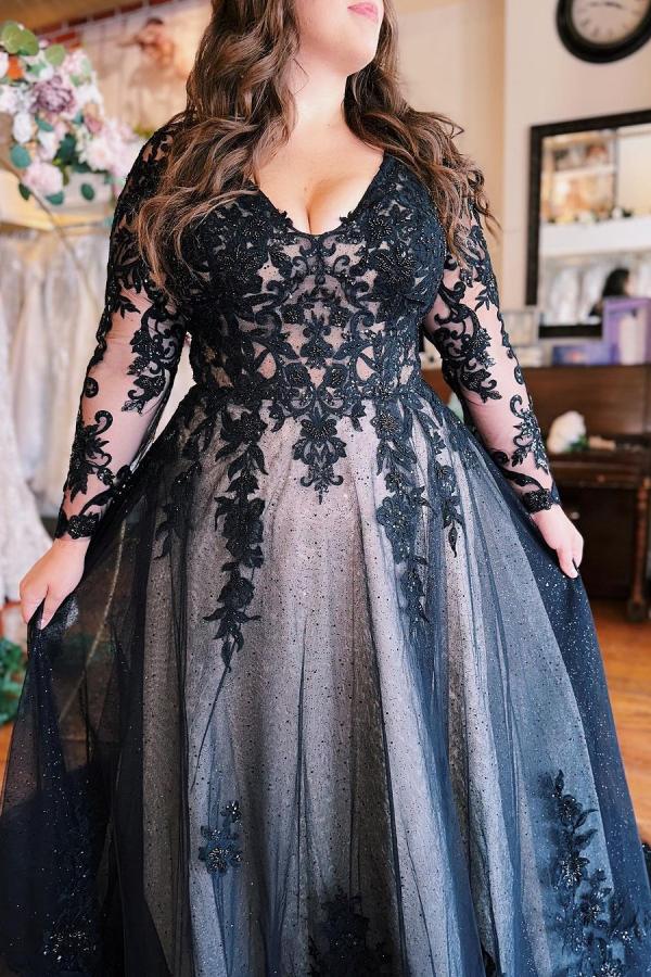 Bmbridal Black Long Sleeves Wedding Reception Dress V Neck With Lace Appliques
