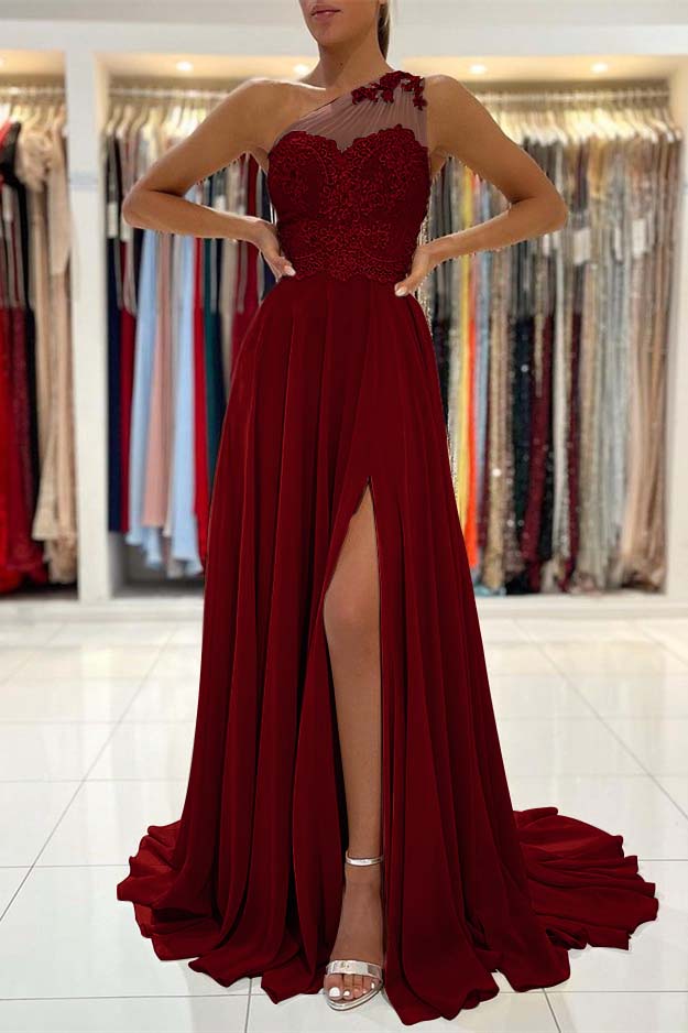 Custom One Shoulder Prom Dress With Lace Appliques And Front Split