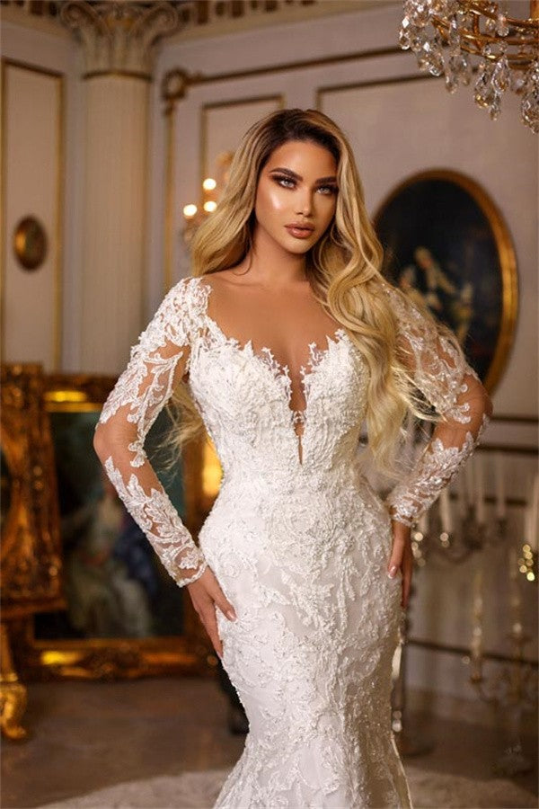 Bmbridal Lace Wedding Gown Long Sleeve Mermaid Silhouette V Neck Chapel Train
