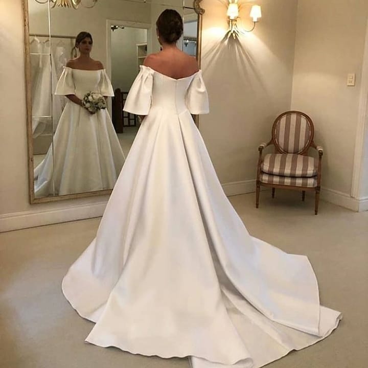 Off The Shoulder A Line Short Sleeves Wedding Dress With Satin Ruffles Train