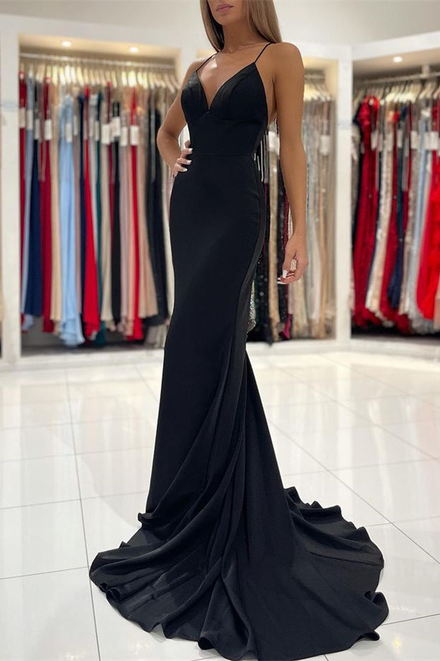 Robe de bal longue sirène en charmeuse noire élégante avec bretelles fines