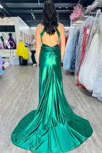 Mermaid Halter Dark Green Satin Long Prom Dresses with Beads