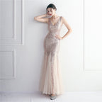 Sequin Mesh Craft Beaded Party Dress: Elegant Long Cocktail Slim Fit Evening Dress