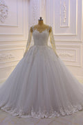 Elegant Long Sleeves Bateau Lace A Line Wedding Dress With Pearl Tulle Appliques
