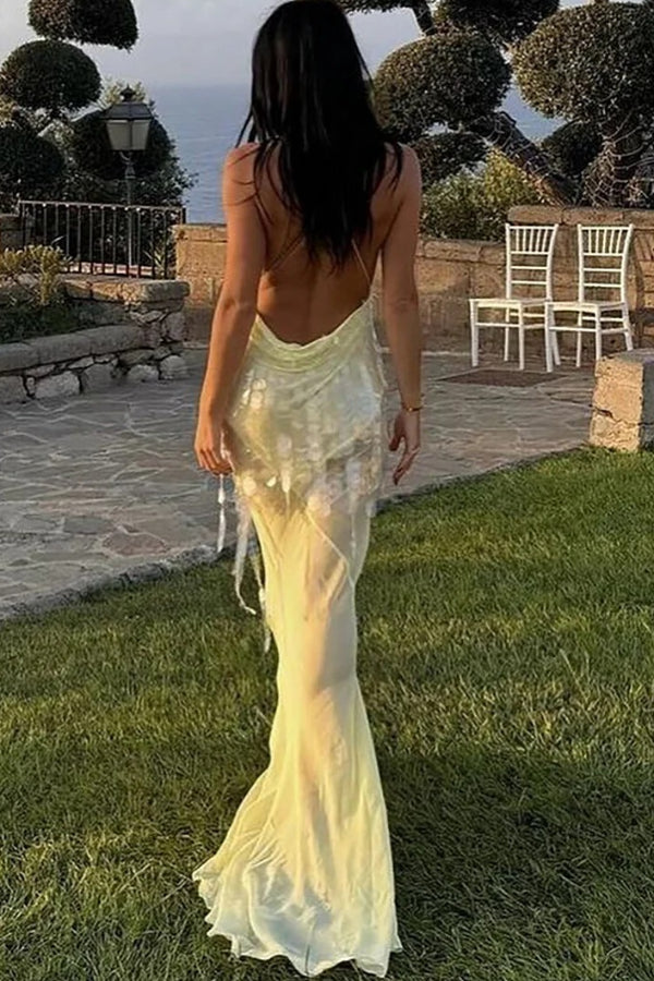 Robe longue fendue dos nu à encolure en V profond avec paillettes et ourmet en queue de poisson - Jaune