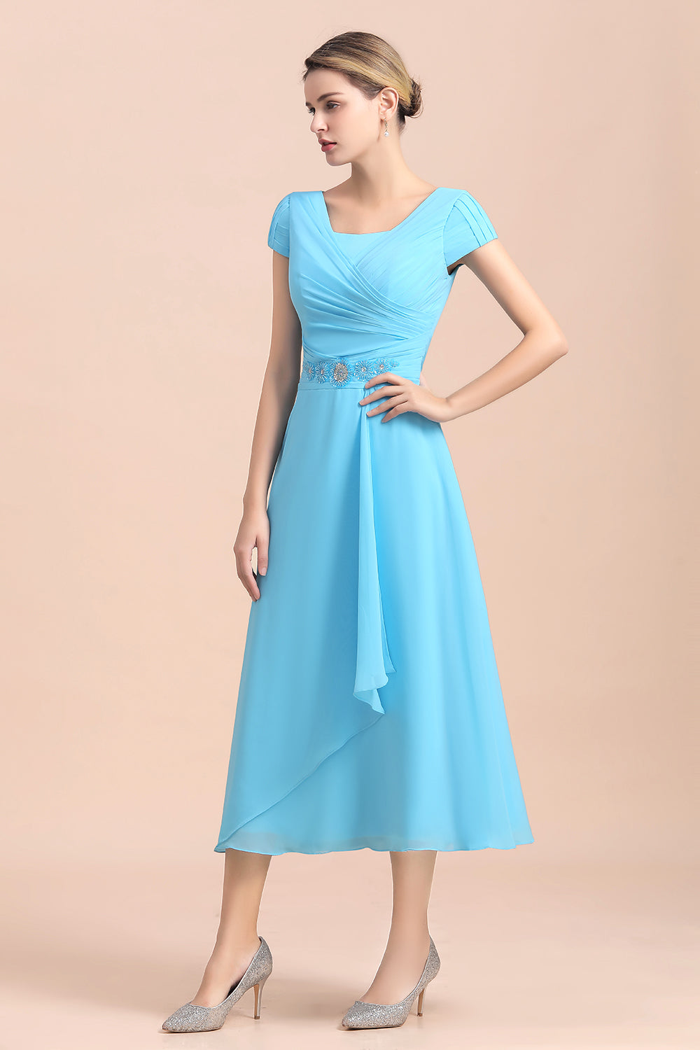 BMbridal Blue Short Sleeves Chiffon Mother of the Bride Dress Tea-Length Online