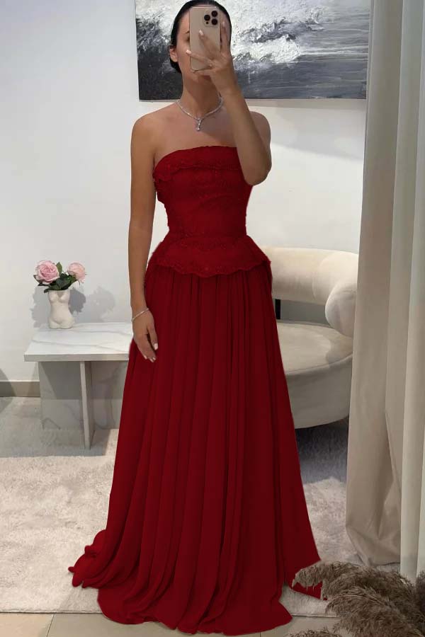 Chic Strapless Sleeveless Long Pleated Beaded Custom Prom Dress