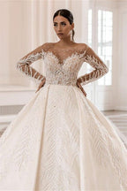 Bateau Neckline Long Sleeves Ball Gown Wedding Dress With Applique