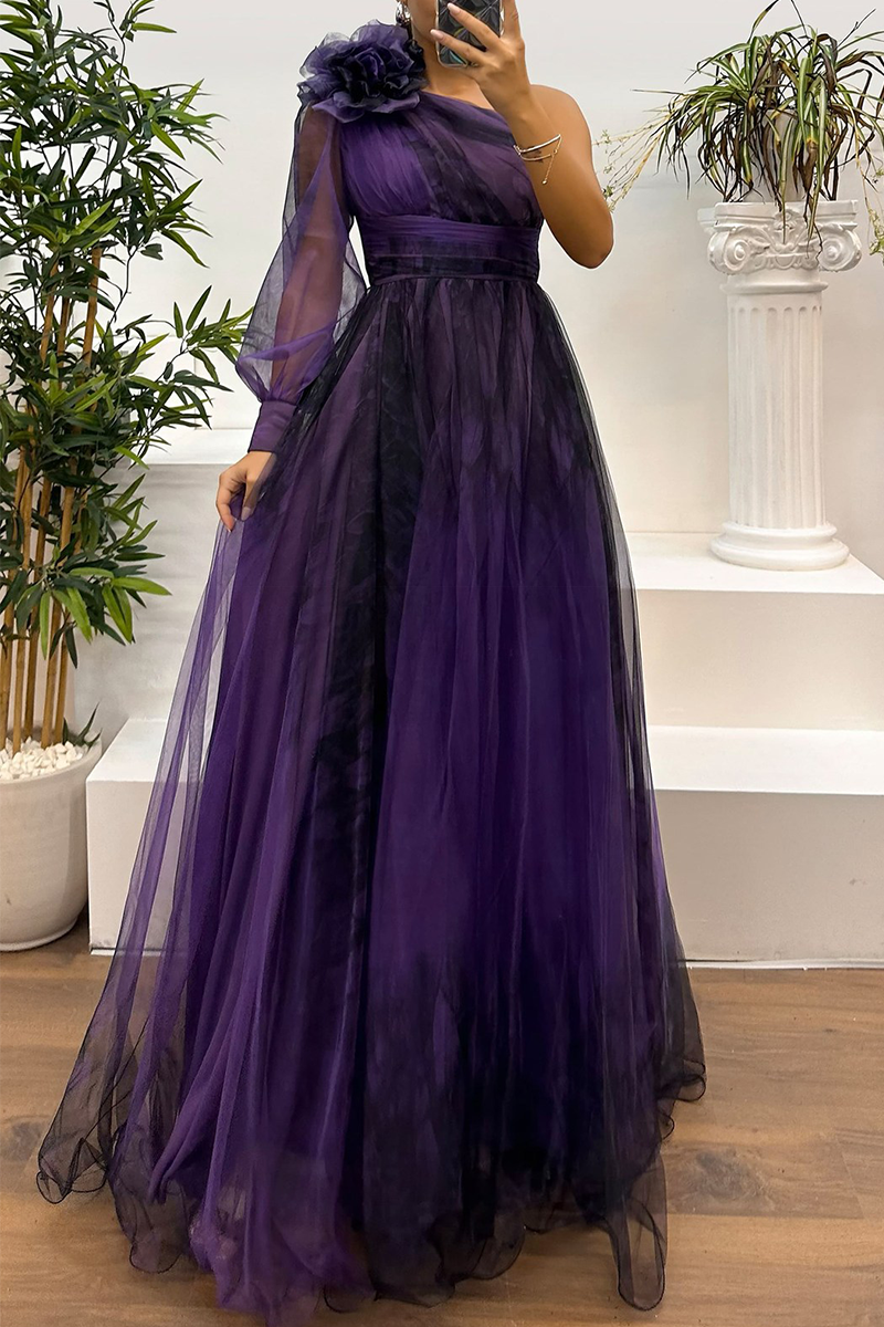 Vestidos de Noite Sexy para Baile de Finalistas com Estampa Floral, Fenda, Transparência em Tule e Decote Assimétrico (6 Cores)