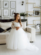 Romantic Ivory Tulle Lace Flower Girl Dress With Long Sleeves Appliques