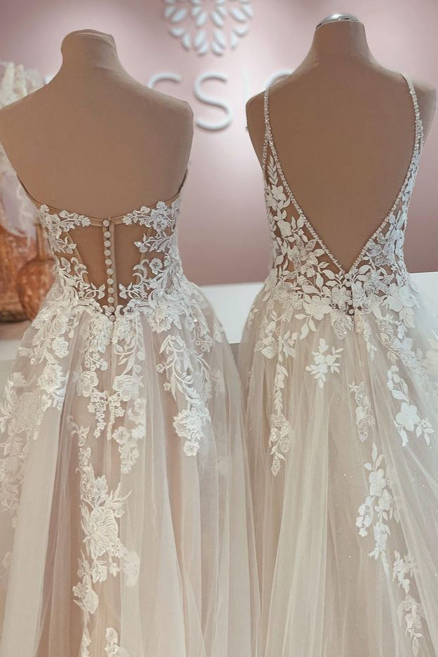 Pretty Floor Length A Line Backless Wedding Dress With Tulle Lace Appliques