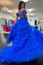 Off the Shoulder Ruffle Tiered Tulle Long Prom Dresses with Slit