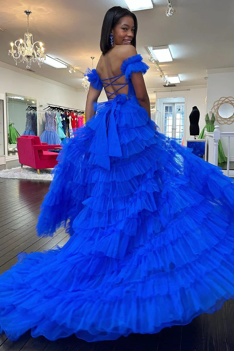 Off the Shoulder Ruffle Tiered Tulle Long Prom Dresses with Slit