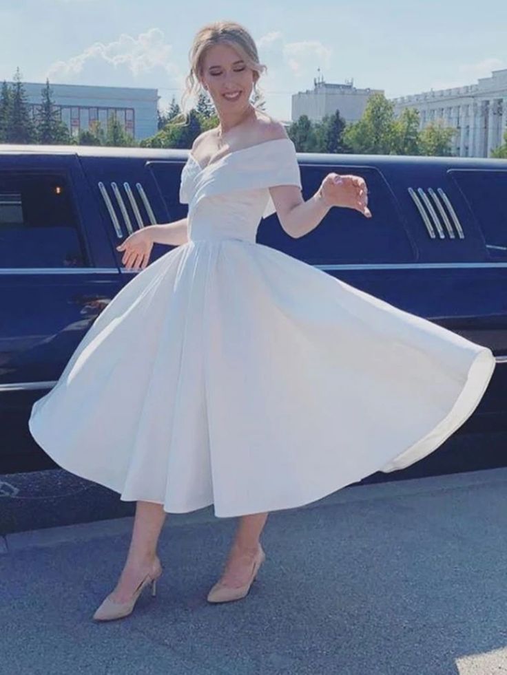 Modest Off The Shoulder Short A Line Satin Strapless Wedding Dress