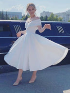 Modest Off The Shoulder Short A Line Satin Strapless Wedding Dress