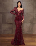 Burgundy Long Sleeve Prom Dress Mermaid Silhouette With Beading And Appliques