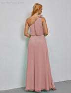 Ruffled One Shoulder Sleeveless Long Bridesmaid Dresses A-line Formal Evening Gown Side Split 28080