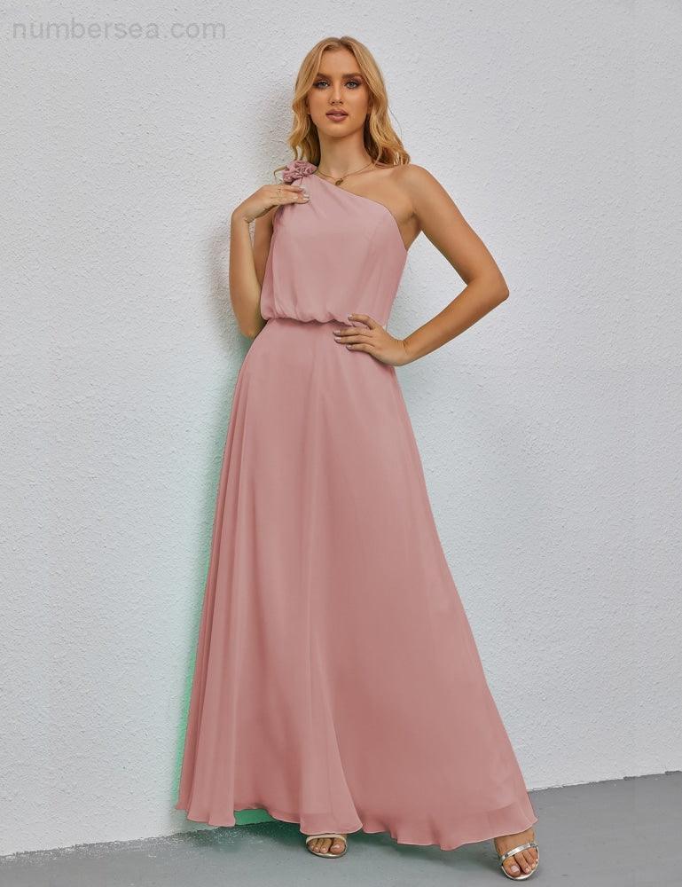 Ruffled One Shoulder Sleeveless Long Bridesmaid Dresses A-line Formal Evening Gown Side Split 28080