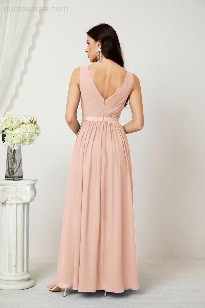 Abiti lunghi da damigella in chiffon da donna, linea a, senza maniche, abito formale da ballo per serata, abiti per festa di ritorno a casa 2808