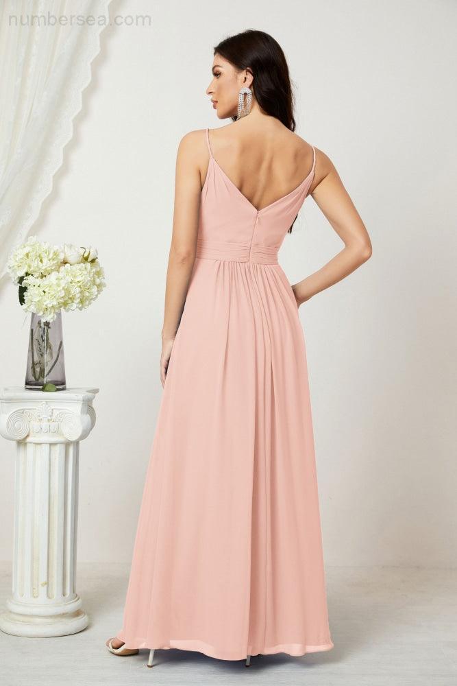 Chiffon V-Neck Bridesmaid Dress Spaghetti Strap Long Formal Party Prom Gowns with Slit 28010