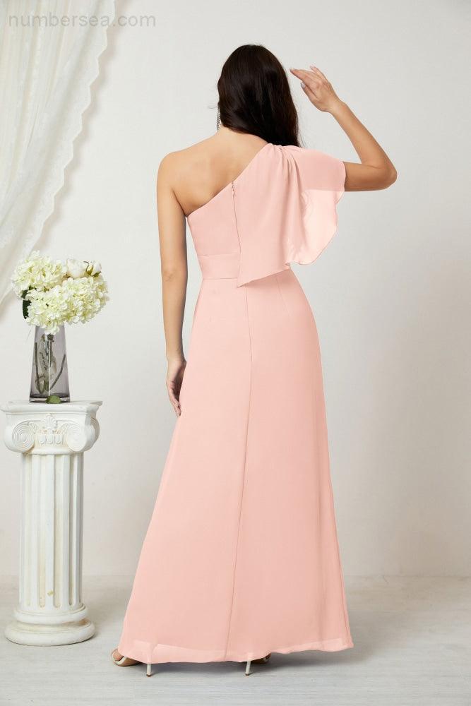 Chiffon Ruffled One Shoulder Long Bridesmaid Dresses A-line Formal Evening Gown Side Split 2809