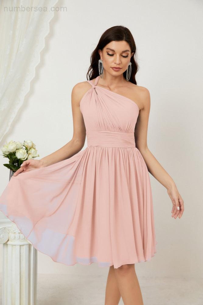 Women Chiffon Short One Shoulder Bridesmaid Dress Formal Dresses for Party Homecoming  2804