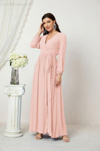 Evening Dresses Deep V-Neck Chiffon Bridesmaid Dresses Long Bishop Sleeve Side Split Formal Dress 2806