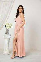 Chiffon V-Neck Bridesmaid Dress Spaghetti Strap Long Formal Party Prom Gowns with Slit 28010