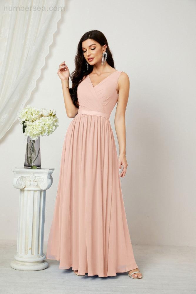 Abiti lunghi da damigella in chiffon da donna, linea a, senza maniche, abito formale da ballo per serata, abiti per festa di ritorno a casa 2808