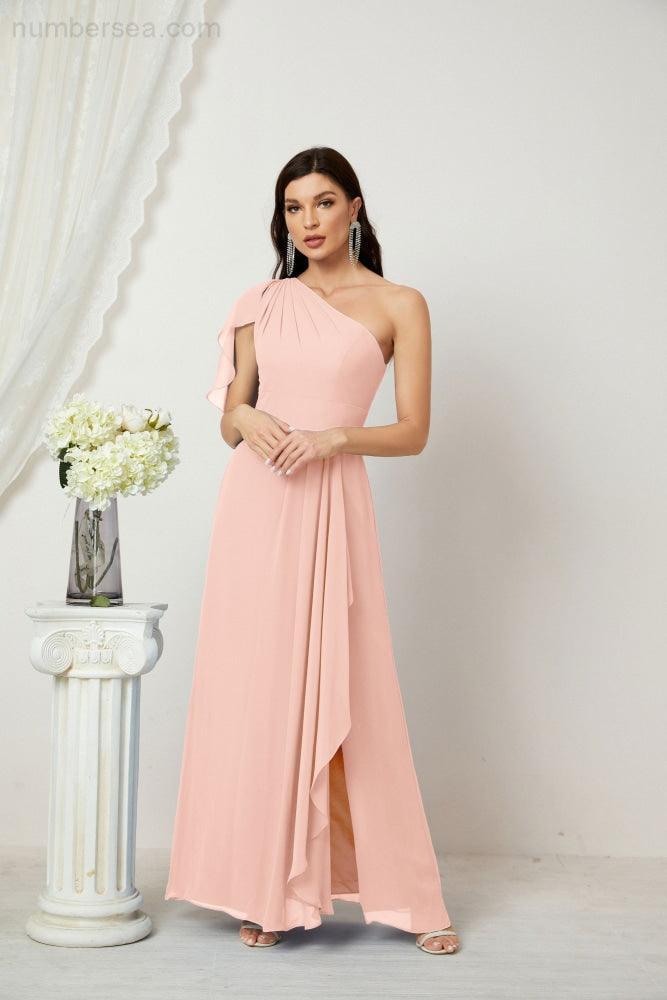 Chiffon Ruffled One Shoulder Long Bridesmaid Dresses A-line Formal Evening Gown Side Split 2809