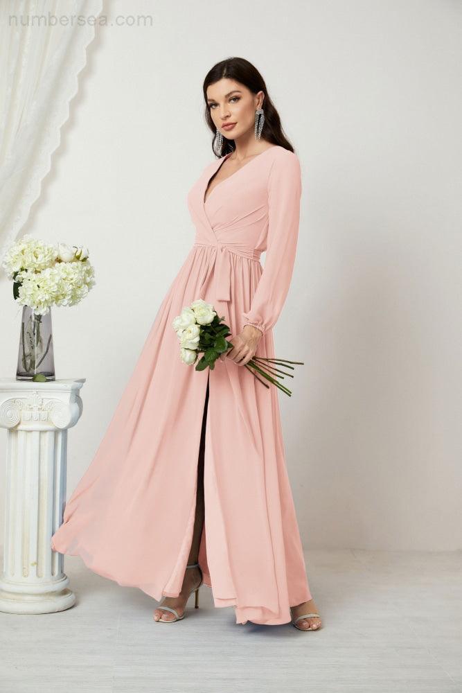 Evening Dresses Deep V-Neck Chiffon Bridesmaid Dresses Long Bishop Sleeve Side Split Formal Dress 2806