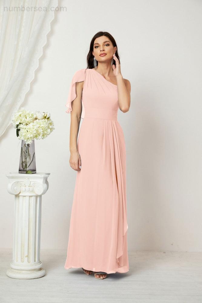 Chiffon Ruffled One Shoulder Long Bridesmaid Dresses A-line Formal Evening Gown Side Split 2809