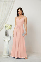 Chiffon V-Neck Bridesmaid Dress Spaghetti Strap Long Formal Party Prom Gowns with Slit 28010
