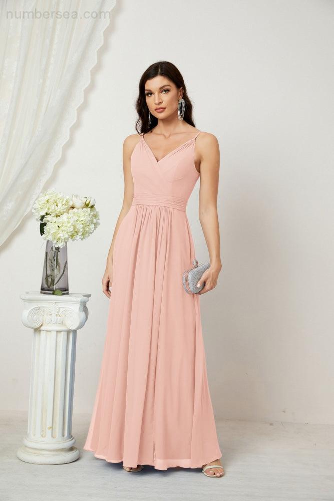 Chiffon V-Neck Bridesmaid Dress Spaghetti Strap Long Formal Party Prom Gowns with Slit 28010