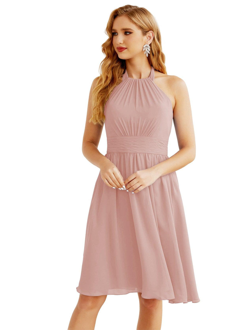Halter Chiffon Bridesmaid Dresses Short Sleeveless Formal Party Dress Open Back 28023
