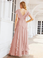 Ruffled Bridesmaid Dresses with Sleeves Long Formal Party Dress 28041